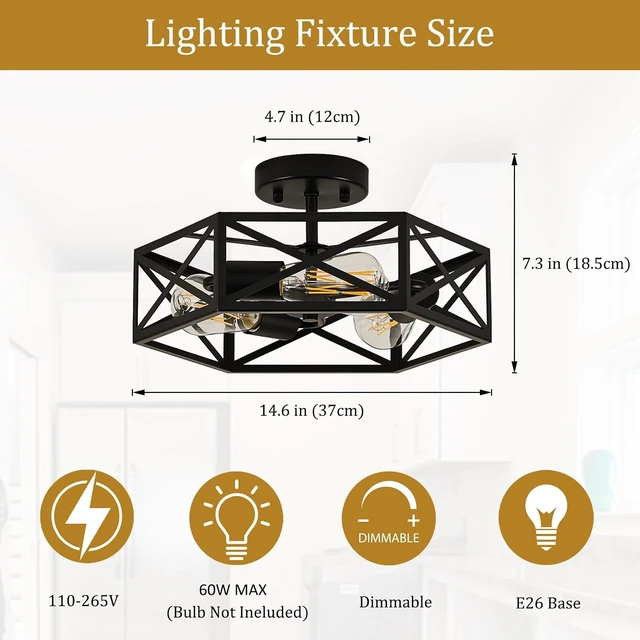 Alt view image 3 of 7 - Black Modern Farmhouse Metal Semi Flush Mount Ceiling Light Fixture 14.6 in