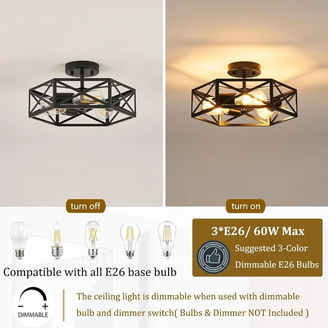 Alt view image 7 of 7 - Black Modern Farmhouse Metal Semi Flush Mount Ceiling Light Fixture 14.6 in