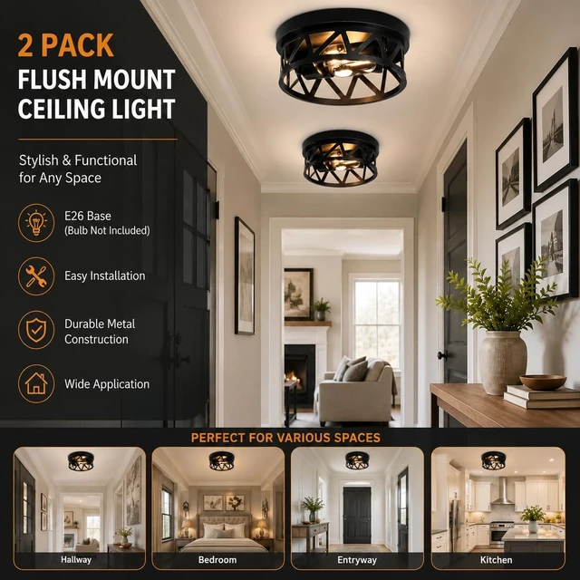 Alt view image 3 of 7 - Hallway Flush Mount Ceiling Light, Entryway Bedroom Fixture, Black 2-Light