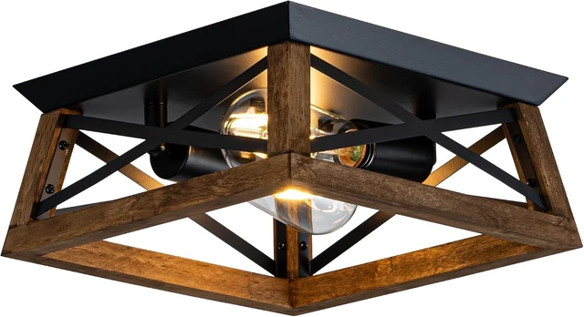 Main image of 2-Light Farmhouse Light Fixture, Rustic Ceiling Light with Wood and Metal Design, Wood Ceiling Light for Kitchen, Hallway, Entryway, Cabinet, Living Room