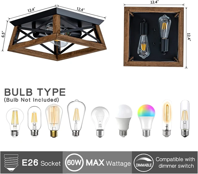 Alt view image 3 of 7 - 2-Light Farmhouse Light Fixture, Rustic Ceiling Light with Wood and Metal Design, Wood Ceiling Light for Kitchen, Hallway, Entryway, Cabinet, Living Room
