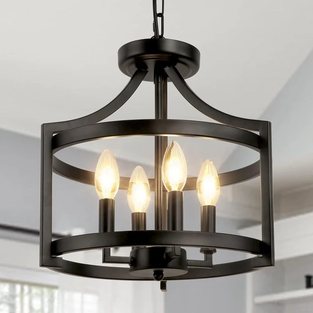 Main image of 4-Light Farmhouse Chandelier, Black Semi Flush Mount Ceiling Light Convertible Pendant Lighting or Semi Flush Mount Chandelier, Modern Rustic Cage Chandeliers for Dining Room Kitchen Foyer