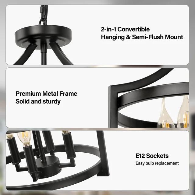 Alt view image 3 of 7 - 4-Light Farmhouse Chandelier, Black Semi Flush Mount Ceiling Light Convertible Pendant Lighting or Semi Flush Mount Chandelier, Modern Rustic Cage Chandeliers for Dining Room Kitchen Foyer