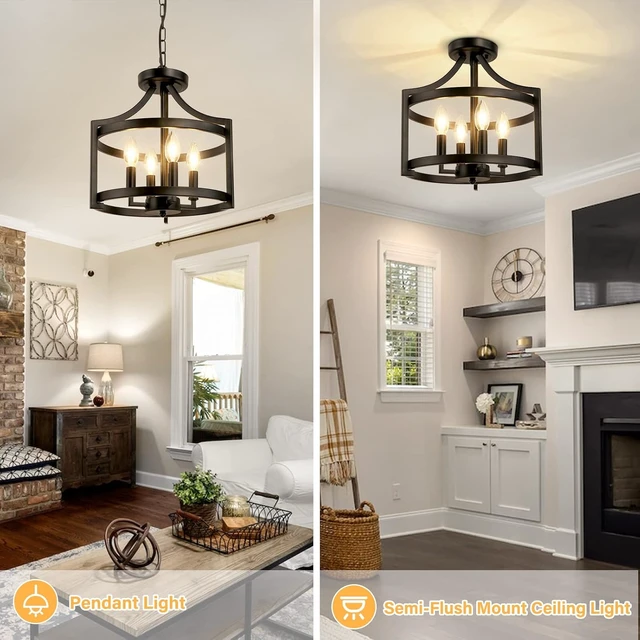 Alt view image 2 of 7 - 4-Light Farmhouse Chandelier, Black Semi Flush Mount Ceiling Light Convertible Pendant Lighting or Semi Flush Mount Chandelier, Modern Rustic Cage Chandeliers for Dining Room Kitchen Foyer