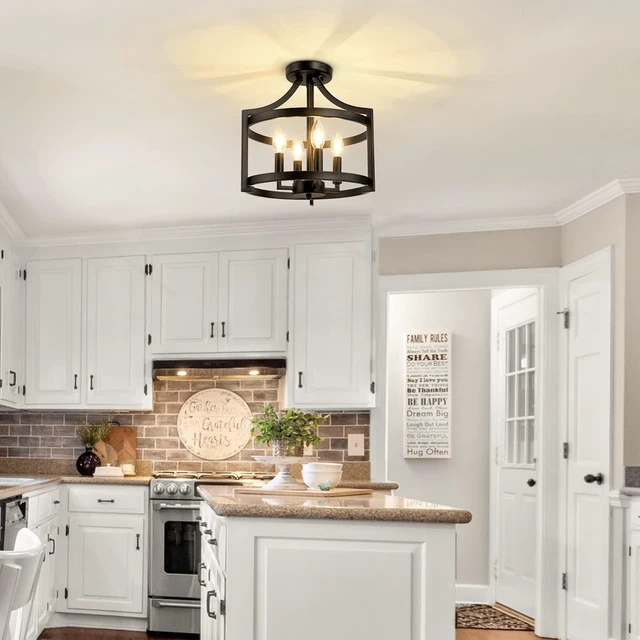 Alt view image 6 of 7 - 4-Light Farmhouse Chandelier, Black Semi Flush Mount Ceiling Light Convertible Pendant Lighting or Semi Flush Mount Chandelier, Modern Rustic Cage Chandeliers for Dining Room Kitchen Foyer