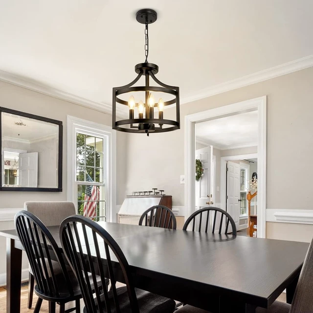 Alt view image 7 of 7 - 4-Light Farmhouse Chandelier, Black Semi Flush Mount Ceiling Light Convertible Pendant Lighting or Semi Flush Mount Chandelier, Modern Rustic Cage Chandeliers for Dining Room Kitchen Foyer