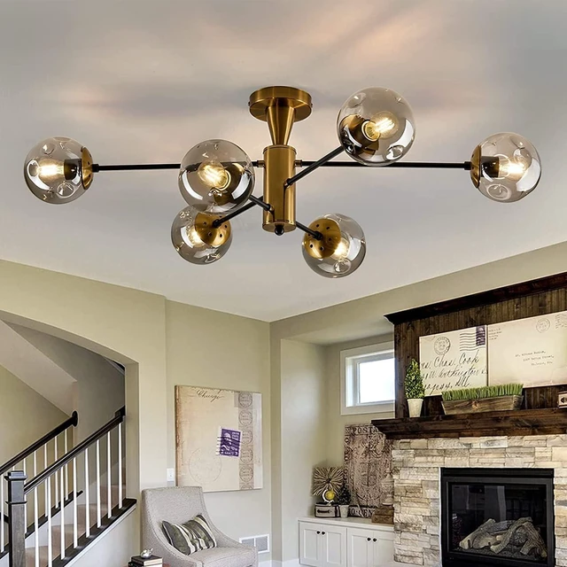 Main image of hesoge Modern Semi Flush Mount Ceiling Light Fixture 6-Light Sputnik Gold Chandelier with Glass Globe Mid Century Ceiling Lighting for Dinning Room Farmhouse Kitchen Bedroom Living Room