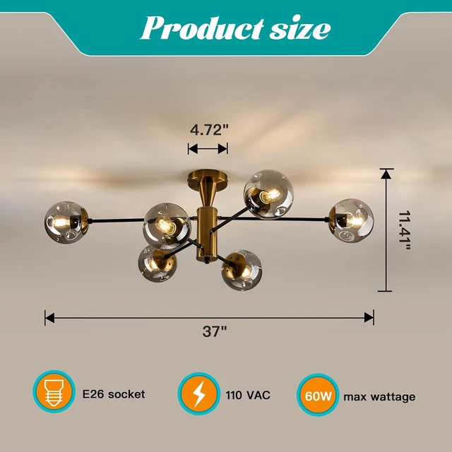 Alt view image 2 of 7 - hesoge Modern Semi Flush Mount Ceiling Light Fixture 6-Light Sputnik Gold Chandelier with Glass Globe Mid Century Ceiling Lighting for Dinning Room Farmhouse Kitchen Bedroom Living Room