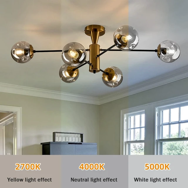 Alt view image 3 of 7 - hesoge Modern Semi Flush Mount Ceiling Light Fixture 6-Light Sputnik Gold Chandelier with Glass Globe Mid Century Ceiling Lighting for Dinning Room Farmhouse Kitchen Bedroom Living Room