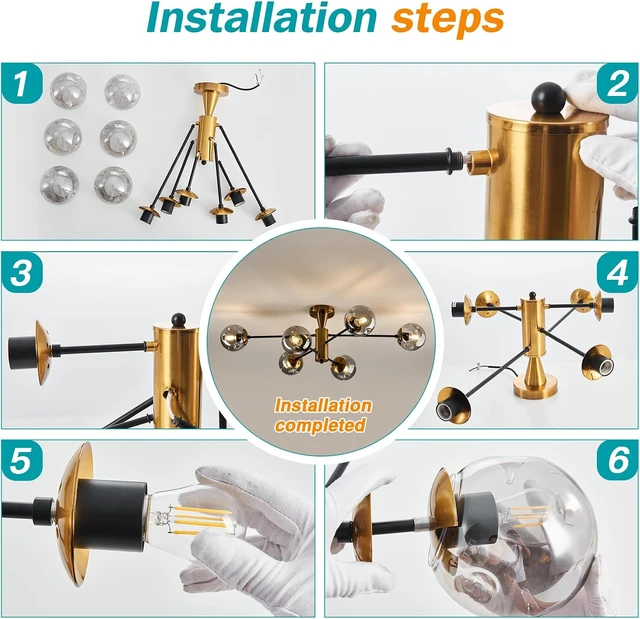 Alt view image 5 of 7 - hesoge Modern Semi Flush Mount Ceiling Light Fixture 6-Light Sputnik Gold Chandelier with Glass Globe Mid Century Ceiling Lighting for Dinning Room Farmhouse Kitchen Bedroom Living Room