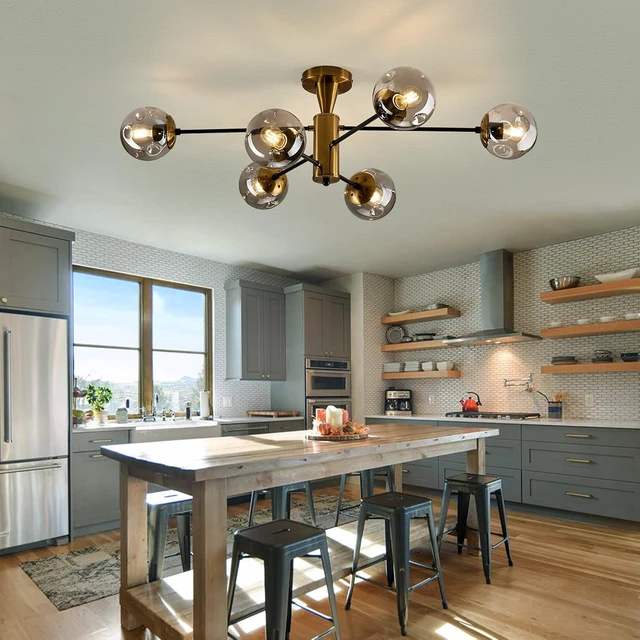 Alt view image 6 of 7 - hesoge Modern Semi Flush Mount Ceiling Light Fixture 6-Light Sputnik Gold Chandelier with Glass Globe Mid Century Ceiling Lighting for Dinning Room Farmhouse Kitchen Bedroom Living Room