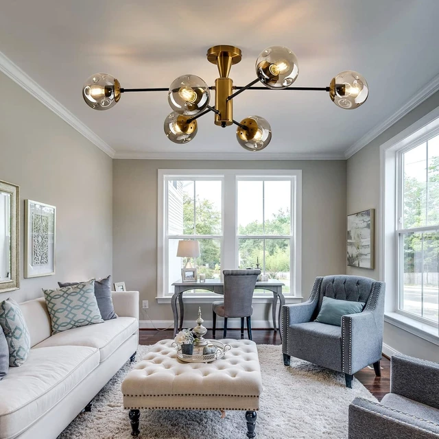 Alt view image 7 of 7 - hesoge Modern Semi Flush Mount Ceiling Light Fixture 6-Light Sputnik Gold Chandelier with Glass Globe Mid Century Ceiling Lighting for Dinning Room Farmhouse Kitchen Bedroom Living Room