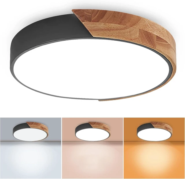 Main image of Wood LED Flush Mount Ceiling Light, 3CCT 3000K-6500K Modern Black Close to Ceiling Lighting Fixtures, Minimalist Round Ceiling Light for Bedroom, Kitchen, Hallway, Laundry Room, Not Dimmable