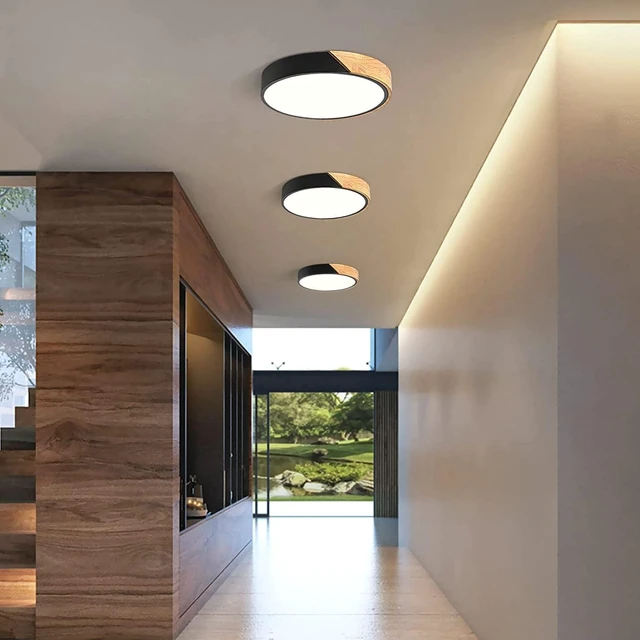 Alt view image 7 of 7 - Wood LED Flush Mount Ceiling Light, 3CCT 3000K-6500K Modern Black Close to Ceiling Lighting Fixtures, Minimalist Round Ceiling Light for Bedroom, Kitchen, Hallway, Laundry Room, Not Dimmable
