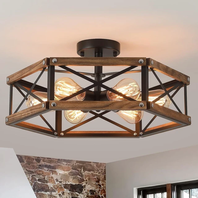 Main image of 6-Light Large Rustic Farmhouse Wood Flush Mount Ceiling Light Fixture 20 inch Oak Wood and Metal Cage Semi Flush Mount Ceiling Light for Hallway Entry Dining Farmhouse Bedroom Living Room, Black