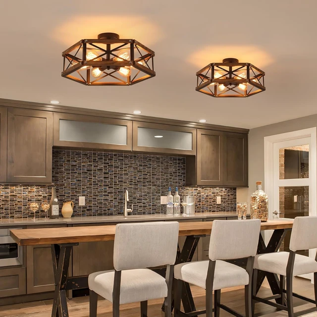 Alt view image 2 of 7 - 6-Light Large Rustic Farmhouse Wood Flush Mount Ceiling Light Fixture 20 inch Oak Wood and Metal Cage Semi Flush Mount Ceiling Light for Hallway Entry Dining Farmhouse Bedroom Living Room, Black