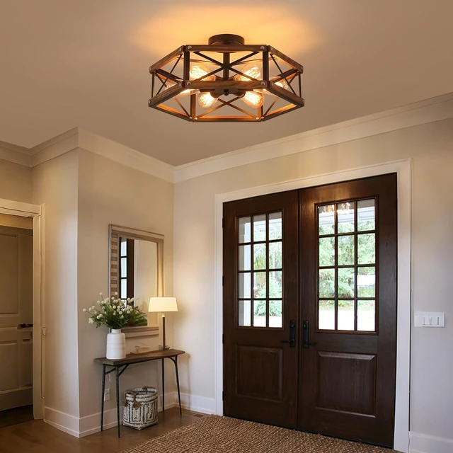 Alt view image 3 of 7 - 6-Light Large Rustic Farmhouse Wood Flush Mount Ceiling Light Fixture 20 inch Oak Wood and Metal Cage Semi Flush Mount Ceiling Light for Hallway Entry Dining Farmhouse Bedroom Living Room, Black