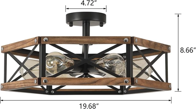 Alt view image 4 of 7 - 6-Light Large Rustic Farmhouse Wood Flush Mount Ceiling Light Fixture 20 inch Oak Wood and Metal Cage Semi Flush Mount Ceiling Light for Hallway Entry Dining Farmhouse Bedroom Living Room, Black