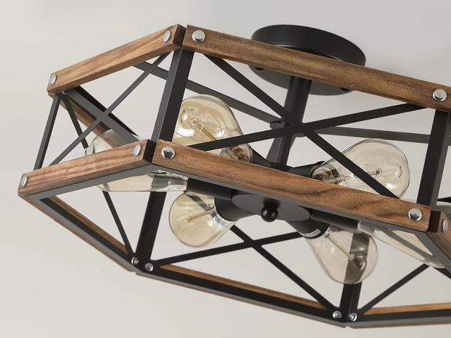 Alt view image 5 of 7 - 6-Light Large Rustic Farmhouse Wood Flush Mount Ceiling Light Fixture 20 inch Oak Wood and Metal Cage Semi Flush Mount Ceiling Light for Hallway Entry Dining Farmhouse Bedroom Living Room, Black