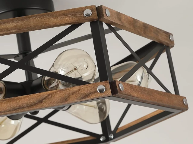 Alt view image 6 of 7 - 6-Light Large Rustic Farmhouse Wood Flush Mount Ceiling Light Fixture 20 inch Oak Wood and Metal Cage Semi Flush Mount Ceiling Light for Hallway Entry Dining Farmhouse Bedroom Living Room, Black