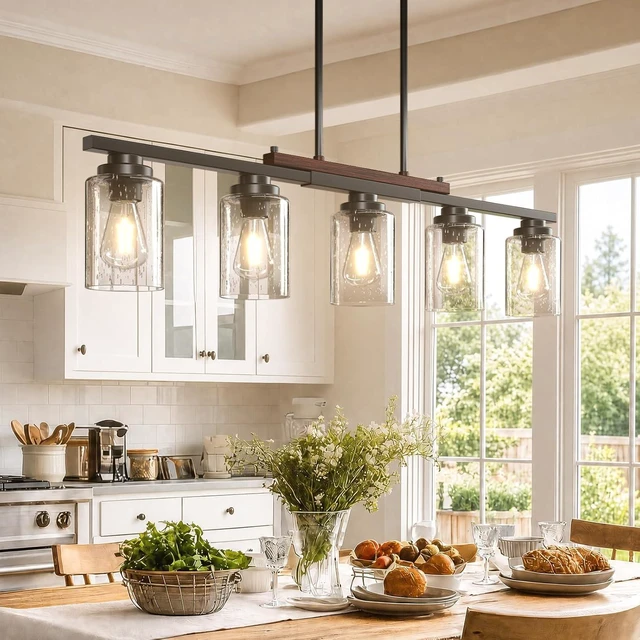 Main image of Amico 5-Light Dining Room Light Fixture, Seeded Glass Island Chandelier