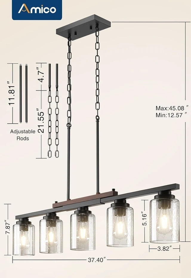 Alt view image 5 of 7 - Amico 5-Light Dining Room Light Fixture, Seeded Glass Island Chandelier