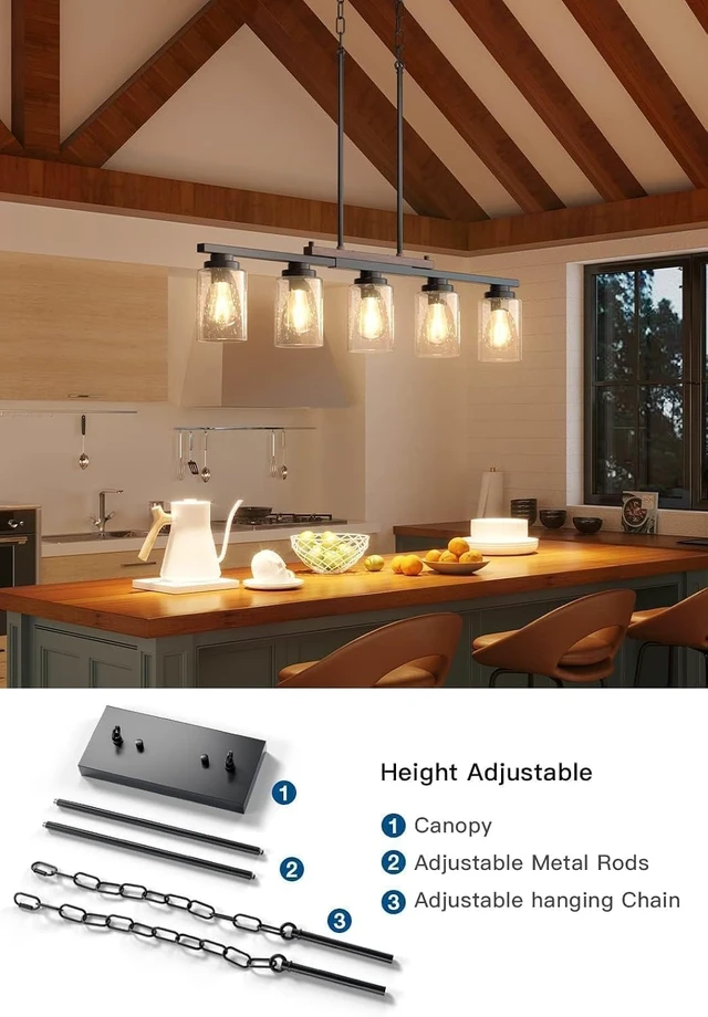 Alt view image 7 of 7 - Amico 5-Light Dining Room Light Fixture, Seeded Glass Island Chandelier