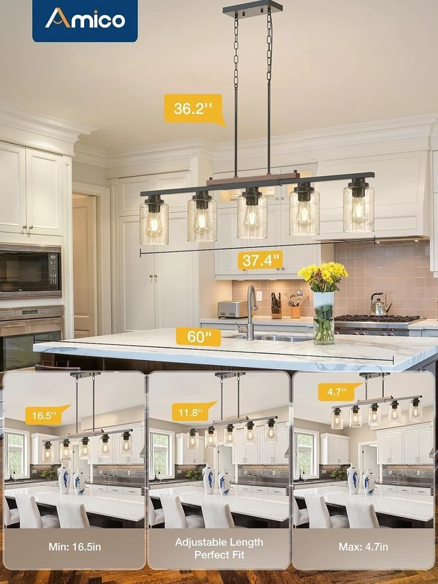 Alt view image 6 of 7 - Amico 5-Light Dining Room Light Fixture, Seeded Glass Island Chandelier