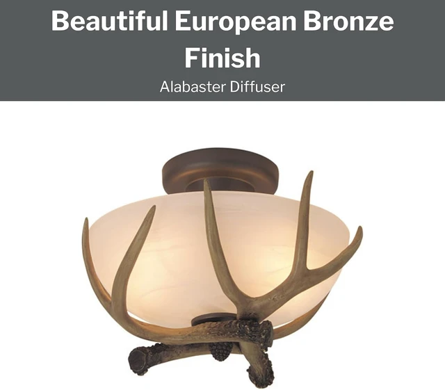 Alt view image 5 of 7 - Craftmade X1611-EB Antler 2 Light Semi Flush Mount Ceiling Light | 8.89 Inch Height | Requires (2) E26 Medium Base Bulbs | Alabaster Glass Shade | European Bronze Finish | Rustic Ceiling Fixture