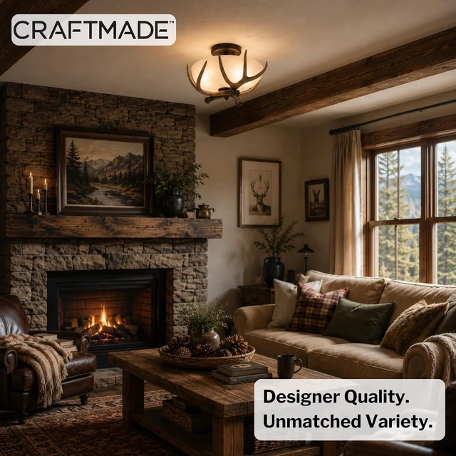 Alt view image 3 of 7 - Craftmade X1611-EB Antler 2 Light Semi Flush Mount Ceiling Light | 8.89 Inch Height | Requires (2) E26 Medium Base Bulbs | Alabaster Glass Shade | European Bronze Finish | Rustic Ceiling Fixture