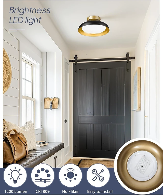 Alt view image 2 of 7 - kudos Flush Mount 12-inch LED Light Fixture, Black and Gold Finish, 12W/1200lm for Bedroom, Hallway, 3000K/4000K/6000K Adjustable, KDCL01-BK