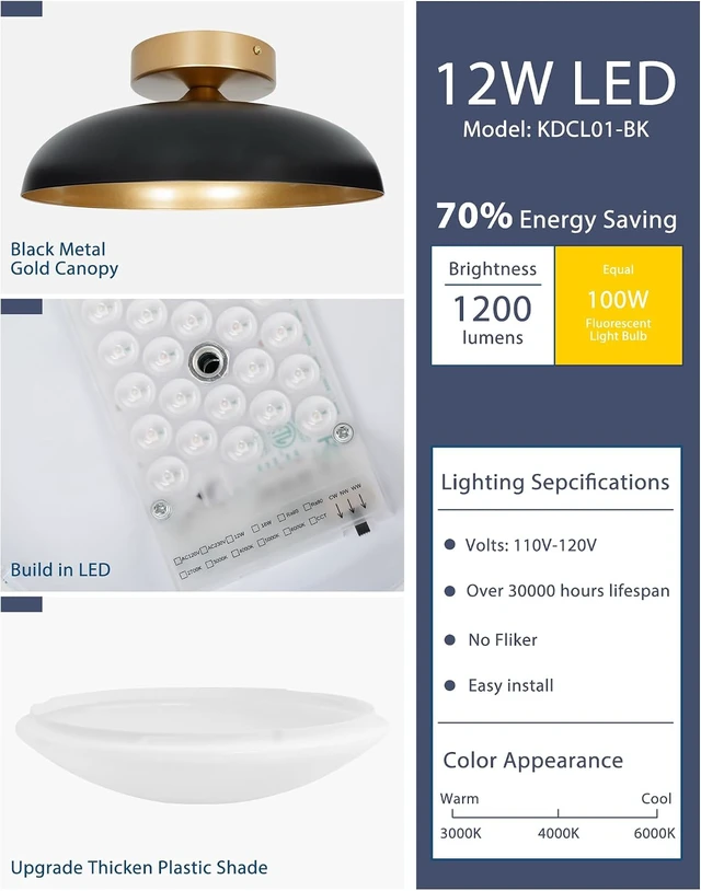 Alt view image 4 of 7 - kudos Flush Mount 12-inch LED Light Fixture, Black and Gold Finish, 12W/1200lm for Bedroom, Hallway, 3000K/4000K/6000K Adjustable, KDCL01-BK