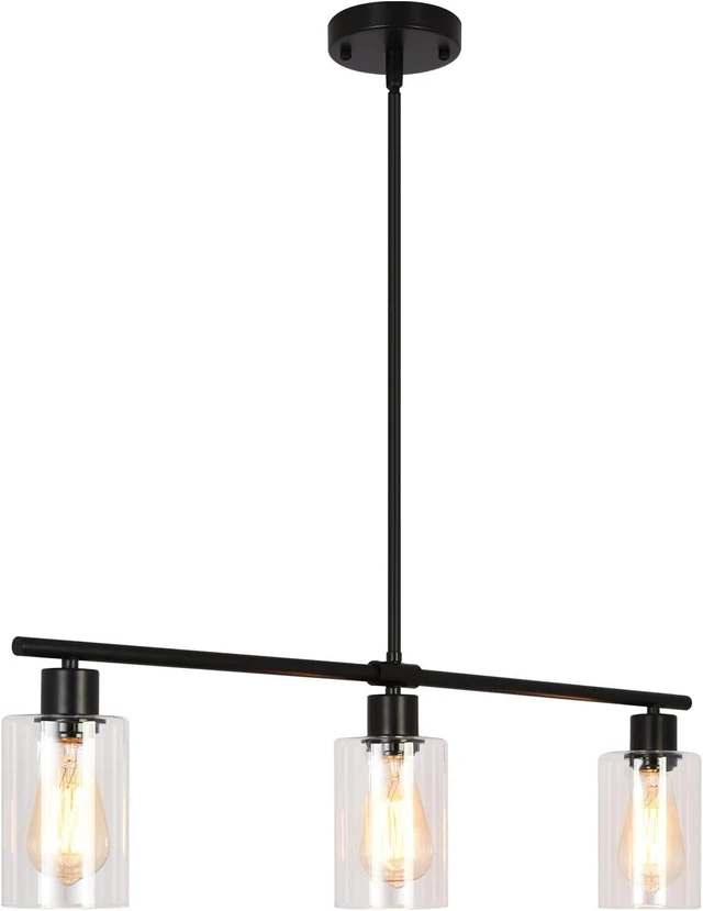 Main image of 31" Black Linear 3-Light Clear Glass Kitchen Island Pendant Chandelier