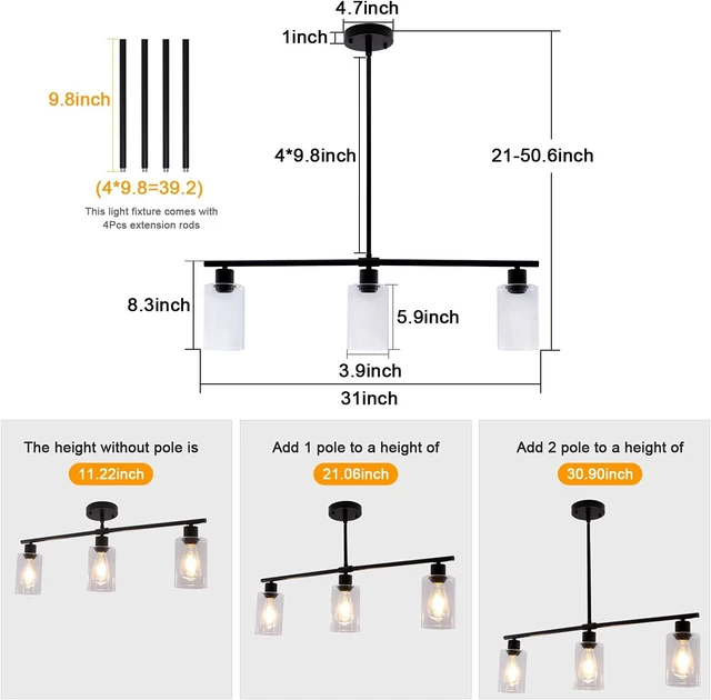 Alt view image 3 of 6 - 31" Black Linear 3-Light Clear Glass Kitchen Island Pendant Chandelier