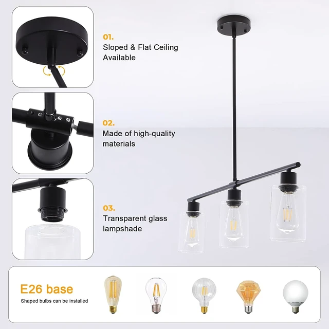 Alt view image 4 of 6 - 31" Black Linear 3-Light Clear Glass Kitchen Island Pendant Chandelier