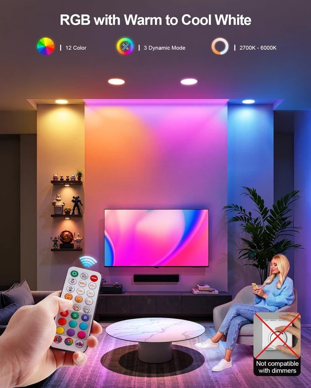 Alt view image 3 of 7 - DUSKTEC Canless Recessed Lighting 6 Inch, Color Changing, Remote Control