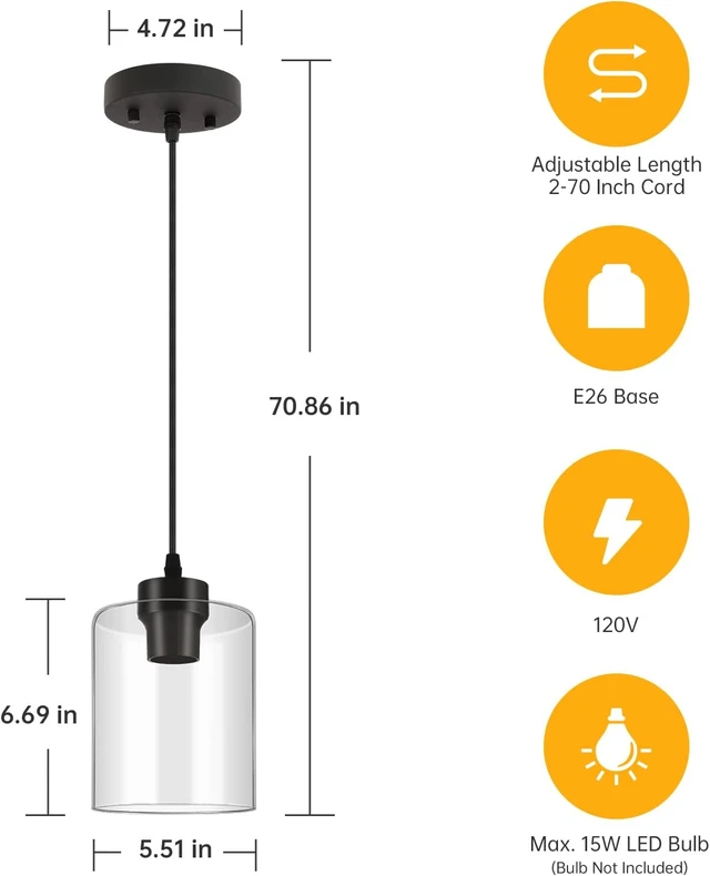 Alt view image 2 of 7 - BoostArea Modern Pendant Light Fixtures, Industrial Hanging Ceiling Lamp with Clear Glass Shade, Farmhouse Black Pendant Lighting for Kitchen Island Decor Living Room Hallway Bedroom Dining Hall Bar