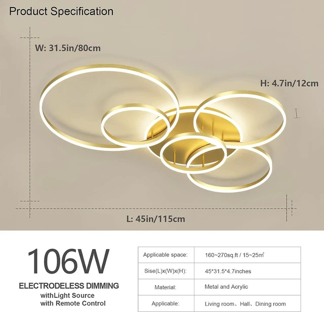 Alt view image 4 of 5 - Modern LED Ceiling Light 106W Dimmable LED Acrylic Ceiling Lamp with Remote Control 6 Rings Flush Mount Ceiling Light Gold Ceiling Chandelier for Living Room Dining Room Bedroom Kitchen (5+1G01)