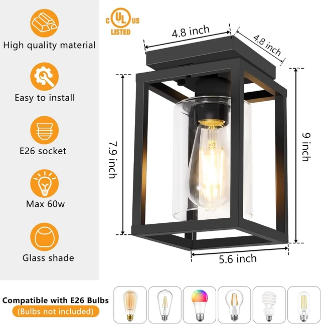 Alt view image 2 of 7 - Baocuz Semi Flush Mount Ceiling Light Fixture, Black Metal Frame Porch Ceiling Light Fixture with Clear Glass Shade and E26 Ceramic Base, Farmhouse Light Fixtures for Kitchen Entryway Foyer