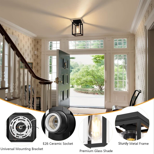 Alt view image 3 of 7 - Baocuz Semi Flush Mount Ceiling Light Fixture, Black Metal Frame Porch Ceiling Light Fixture with Clear Glass Shade and E26 Ceramic Base, Farmhouse Light Fixtures for Kitchen Entryway Foyer