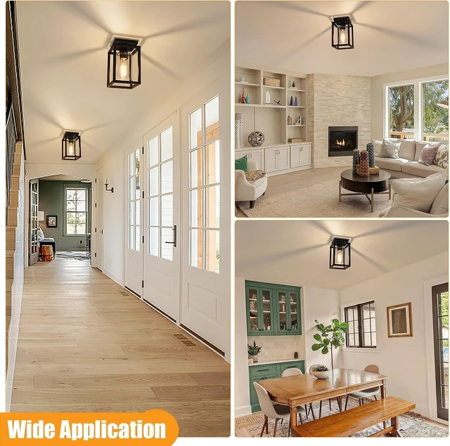 Alt view image 4 of 7 - Baocuz Semi Flush Mount Ceiling Light Fixture, Black Metal Frame Porch Ceiling Light Fixture with Clear Glass Shade and E26 Ceramic Base, Farmhouse Light Fixtures for Kitchen Entryway Foyer