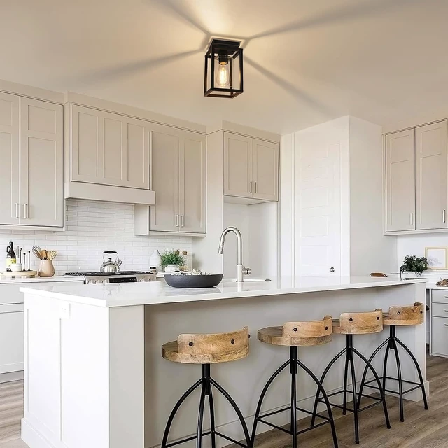 Alt view image 6 of 7 - Baocuz Semi Flush Mount Ceiling Light Fixture, Black Metal Frame Porch Ceiling Light Fixture with Clear Glass Shade and E26 Ceramic Base, Farmhouse Light Fixtures for Kitchen Entryway Foyer