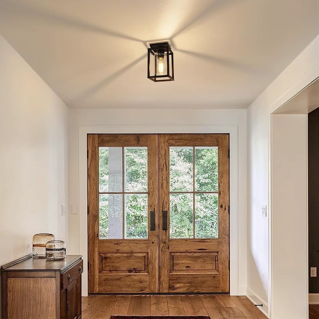 Alt view image 7 of 7 - Baocuz Semi Flush Mount Ceiling Light Fixture, Black Metal Frame Porch Ceiling Light Fixture with Clear Glass Shade and E26 Ceramic Base, Farmhouse Light Fixtures for Kitchen Entryway Foyer