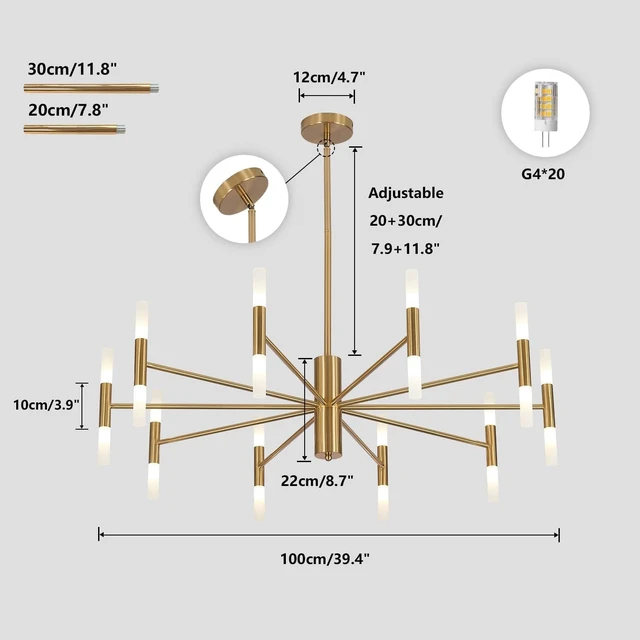 Alt view image 2 of 7 - KCO Mid Century Modern 20-Light Large Brass Gold Sputnik Ceiling Chandelier