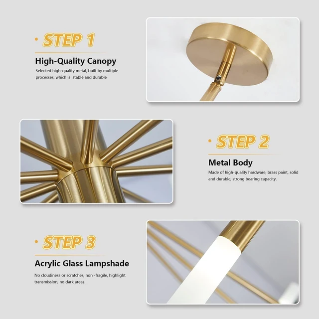 Alt view image 3 of 7 - KCO Mid Century Modern 20-Light Large Brass Gold Sputnik Ceiling Chandelier