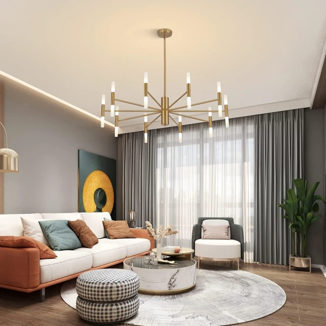 Alt view image 4 of 7 - KCO Mid Century Modern 20-Light Large Brass Gold Sputnik Ceiling Chandelier
