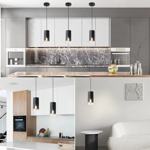 Alt view image 2 of 7 - 2-Pack Black Pendant Light Fixtures, Adjustable Modern Pendant Lights for Kitchen Island, Industrial Glass Pendant Lights for Dining Table Hallway Bedroom Living Room