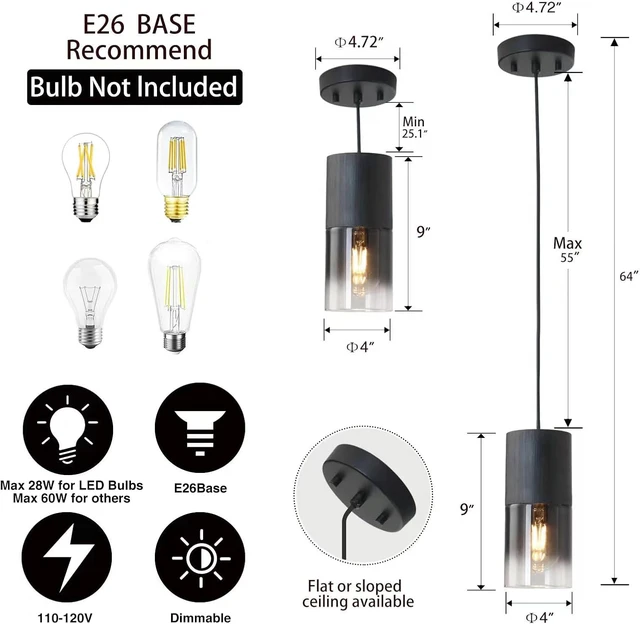 Alt view image 3 of 7 - 2-Pack Black Pendant Light Fixtures, Adjustable Modern Pendant Lights for Kitchen Island, Industrial Glass Pendant Lights for Dining Table Hallway Bedroom Living Room