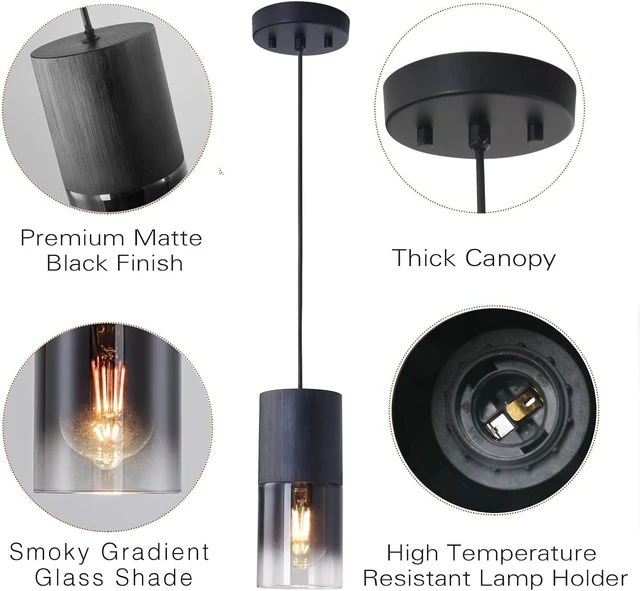 Alt view image 4 of 7 - 2-Pack Black Pendant Light Fixtures, Adjustable Modern Pendant Lights for Kitchen Island, Industrial Glass Pendant Lights for Dining Table Hallway Bedroom Living Room