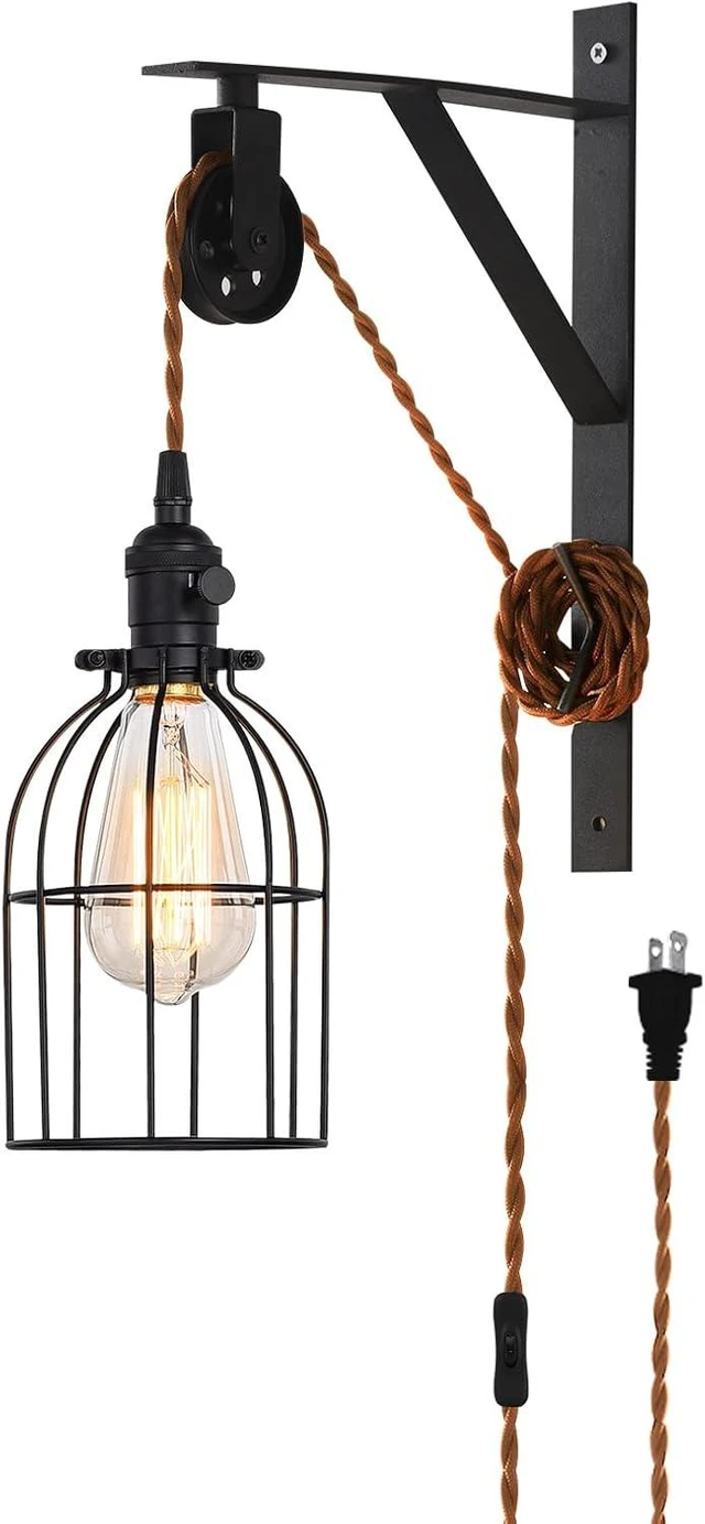 Main image of Plug in Pendant Light, Farmhouse Pulley Wall Lamp with 7-Foot Brown Plug in Cord & Switch, Industrial Hanging Lamps that Plug into Wall Outlet
